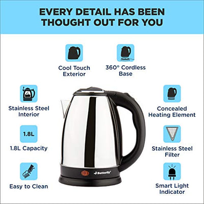 Butterfly EKN 1.8L 1500 Watt Electric Water Kettle (Stainless Steel) (Indian Plug)