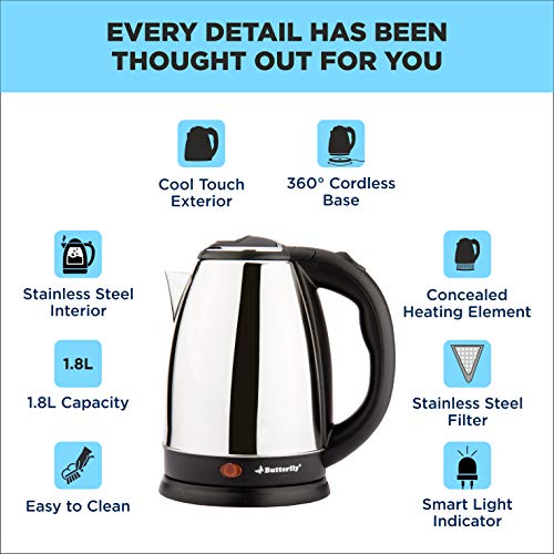 Butterfly EKN 1.8L 1500 Watt Electric Water Kettle (Stainless Steel) (Indian Plug)