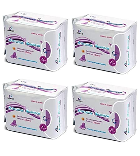 AiRiZ ACTIVE OXYGEN & NEGATIVE ION RELAX SOFT COTTON SANITARY NAPKIN FOR Day USE -(40 Pads in 4 Pack) Sanitary Napkin/Pad (Pack of 4)