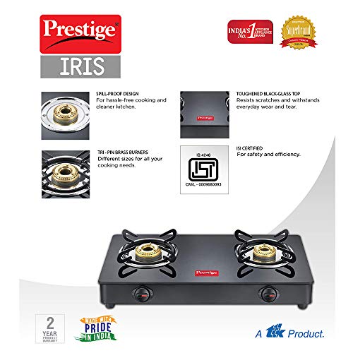 Prestige IRIS Toughened Glass-Top 2 Brass Burner LPG Gas Stove | Black | Spill Proof | Ergonomic Knobs | Tri-Pin Brass Burners