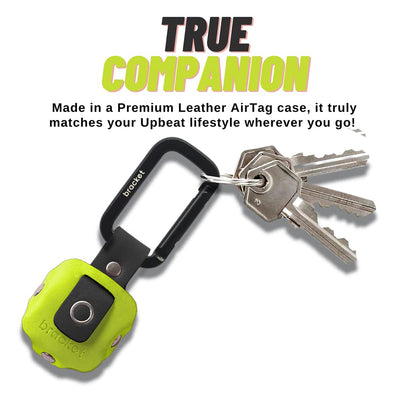 Airtag Premium Leather Key Ring Holder Case Cover Compatible with Apple Airtag, Comes with Metal Carabiner & Transparent AirTag Protective Film (1-Pack, Light Yellow & Black) (AirTag Not Included)