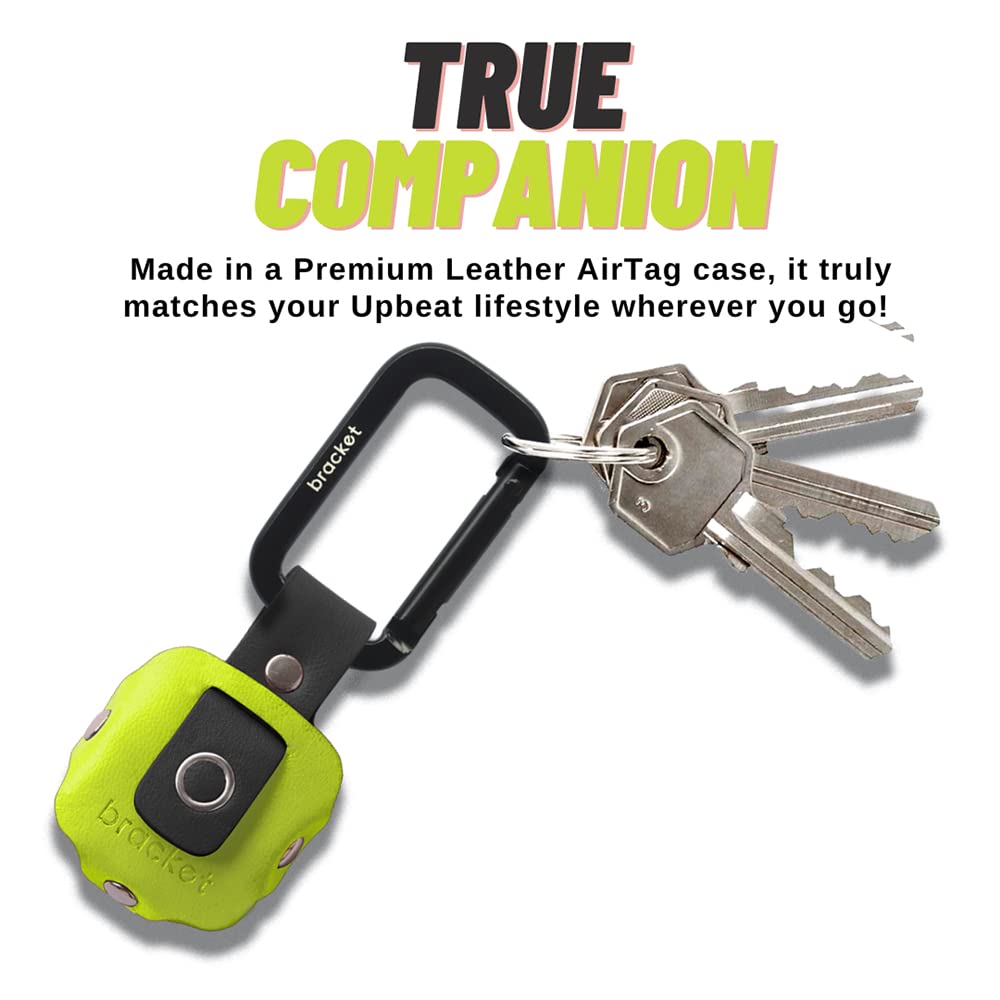 Airtag Premium Leather Key Ring Holder Case Cover Compatible with Apple Airtag, Comes with Metal Carabiner & Transparent AirTag Protective Film (1-Pack, Light Yellow & Black) (AirTag Not Included)