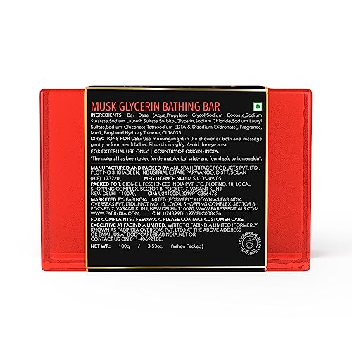 8x Fabessentials Musk Glycerin Bathing Bar | with Natural Bioactives | for Cleansing, Nourishing and Rejuvenating Skin | Vegan & Toxin Free - 100 gm Pack of 8