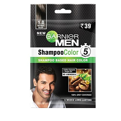 4x Garnier Men, Liquid Hair Colour, 100% Grey Coverage, Shampoo Color, 1.0 Natural Black, 10ml+10ml (Pack of 4)