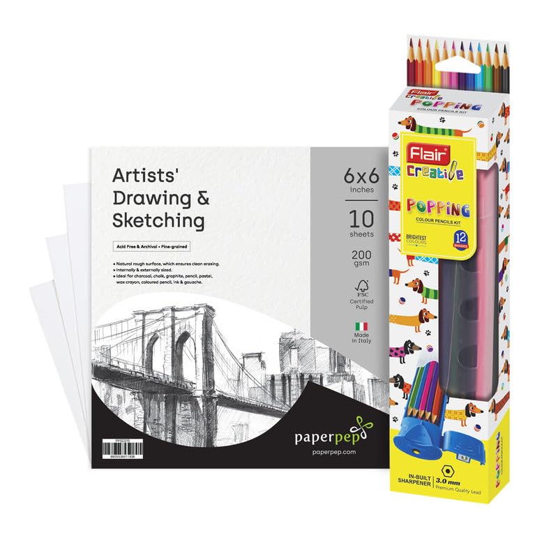 Flair Creative Series Popping Colour Pencils Kit With 6x6 Drawing & Sketching Paper Combo Pack Bianco,White