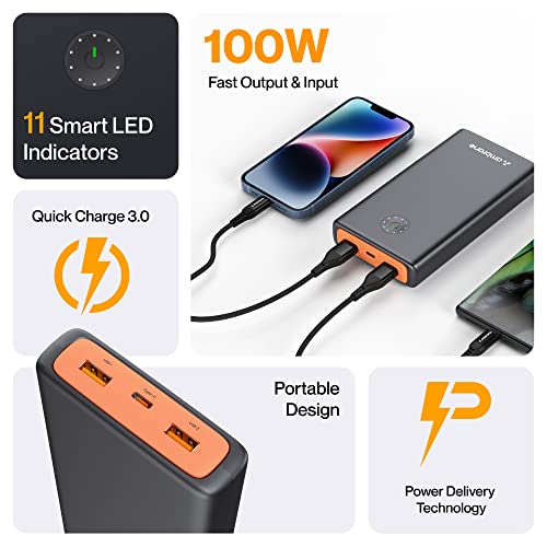 Ambrane 100W Fast Charging Powerbank for MacBook, Type C Laptop & Mobile Charging, 25,000mAh Battery, Triple Output, Power Delivery & Quick Charge (Powerlit Ultra, Black)