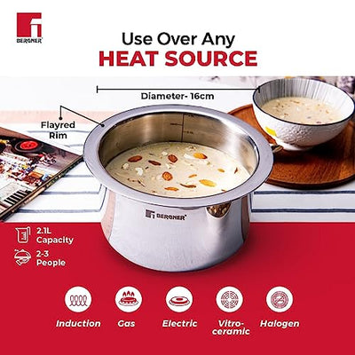 BERGNER Tripro Triply Stainless Steel Tope/Patila with Stainless Steel Lid, 16 cm, 2.1 Litre, Induction Base, Silver