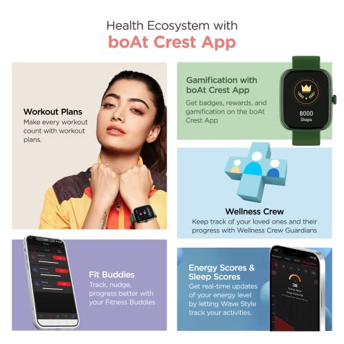 boAt Wave Style Smart Watch with 1.69" Square HD Display, DIY Watch Face Studio, Coins,HR & SpO2 Monitoring,7 Days Battery Life, Crest App Health Ecosystem, Multiple Sports Modes(Olive Green)