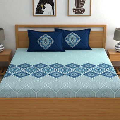 Dreamscape Blue & Turquoise Blue 140 TC Pure Cotton Bedsheet with Pillow Covers