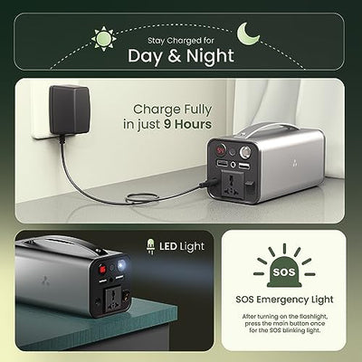 Ambrane 200W Portable Power Station Generator Perfect for Camping, Road Trips, Emergency Power, and More with Power Socket, 2 USB A, 1 DC, and 1 AC Port with LED light (Powerhub 200)