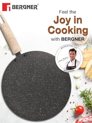 BERGNER Earth Black Non-Stick 28 cm Dosa Tawa, Wooden Finish Soft Touch Handle, 3mm Thickness, Consumes Less Oil, Even Heat Distribution, White Marble Splatter, Induction Bottom and Gas Ready