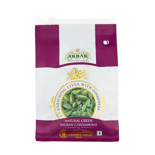 Emperor Akbar Whole Cardamom (Elaichi)- 100Gram - Green Cardamom In Superior Aroma-Lock Pack (Purple Grade - 8Mm Above)