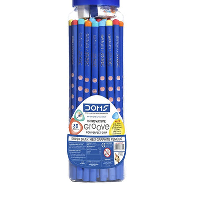 Doms Groove Super Dark HB/2 Graphite Pencils Jar Pack | Innovative Groove For Perfect Grip | Free Pencil, Eraser, Sharpner & Scale | Ideal For Sketching & Drawing | Pack of 30 Pencils