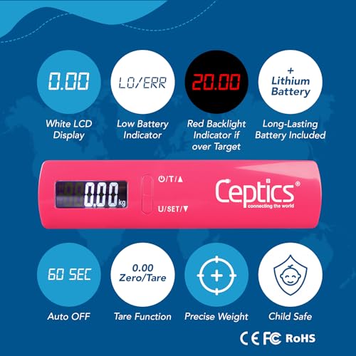 Ceptics weight machine for luggage weighing scale, luggage weighing scale capable capacity up to 50 Kg, weighing machine for luggage with LCD display luggage scale for bags, home, shop - PINK