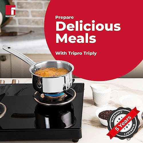 BERGNER Tripro Triply Stainless Steel Saucepan/Tea Pan/Milk Pan, 14 Cm, 1.2 LTR, Chai Pan Without Lid, Induction and Gas Ready, Heavy Bottom, Long Stay Cool Handle, Silver,Polished, 1.2 Liter