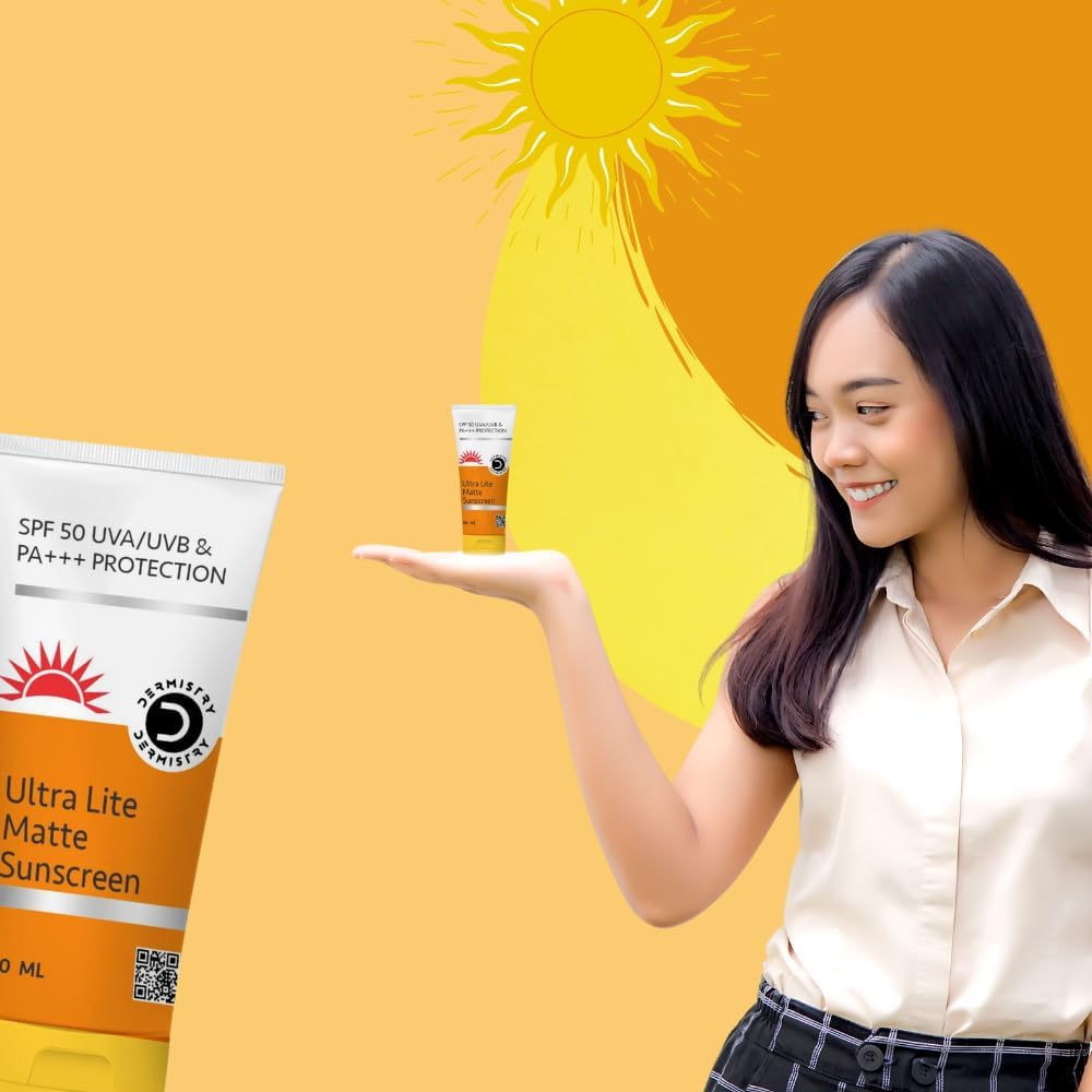 Dermistry Ultra Lite Matte Finish Oil Free SPF 50 Sunscreen, For Oily Acne Prone & All Skin Types, Face Body Moisturizer Daily Use Broad Spectrum No White Cast, Light Water Based Men Women 50ml