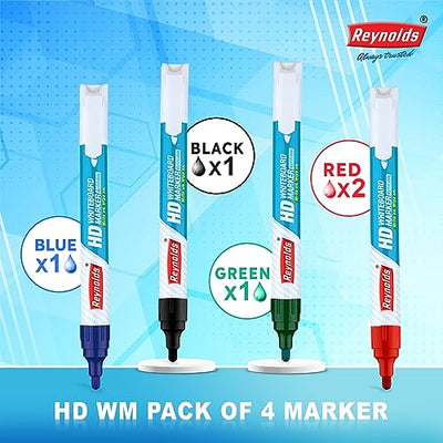 Reynolds HD Whiteboard marker - 2 Black, 1 Blue, 1 Red & 1 Green, Pack of 5