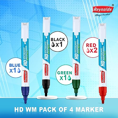 Reynolds HD Whiteboard marker - 2 Black, 1 Blue, 1 Red & 1 Green, Pack of 5