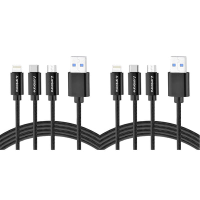 Ambrane Unbreakable 3 in 1 Fast Charging Braided Multipurpose Cable for Speaker with 2.1 A Speed - 1.25 meter, Black (Pack of 2)
