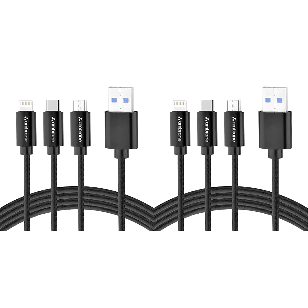 Ambrane Unbreakable 3 in 1 Fast Charging Braided Multipurpose Cable for Speaker with 2.1 A Speed - 1.25 meter, Black (Pack of 2)