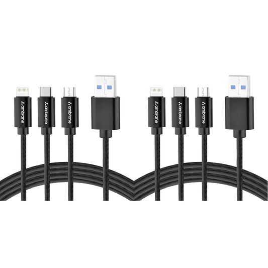 Ambrane Unbreakable 3 in 1 Fast Charging Braided Multipurpose Cable for Speaker with 2.1 A Speed - 1.25 meter, Black (Pack of 2)