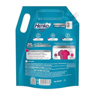 Henko Matic Front Load Liquid Detergent - 2L Refill Pouch with Nano Fiber Lock Technology, 99.9% Germ Protection, Bio Stain Power & Ultra Color Care which maintains the Newness, Color & Shine