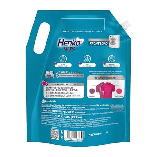 Henko Matic Front Load Liquid Detergent - 2L Refill Pouch with Nano Fiber Lock Technology, 99.9% Germ Protection, Bio Stain Power & Ultra Color Care which maintains the Newness, Color & Shine
