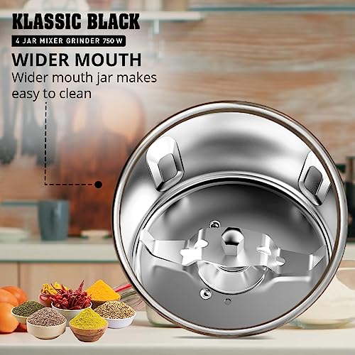 Havells Klassic 750 Watt 4 Jar Mixer Grinder, 21000 RPM Heavy Duty Universal Motor, 304 SS Blades, Large Size Break Resistant JarLids With Twist & Lock Mechanism- Black