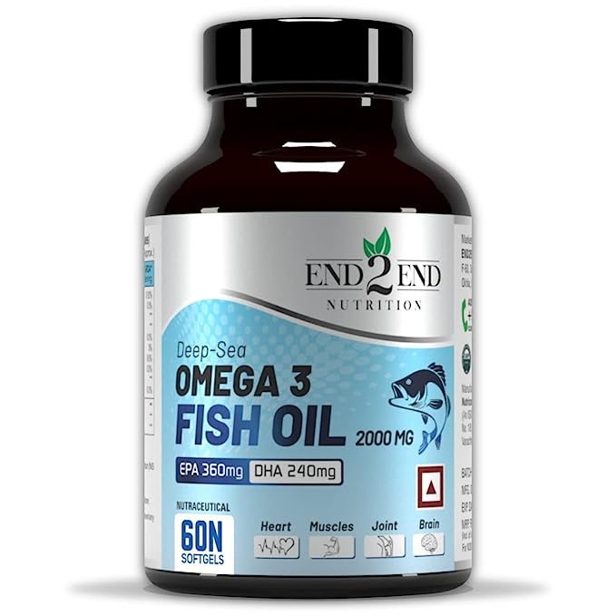 End2End Nutrition Omega 3 Fish Oil Capsules for Men & Women | Heart, Brain, Joint, Eye & Skin Health | 2000mg Fish Oil with 360mg EPA & 240mg DHA - 60 Capsules