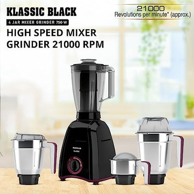 Havells Klassic 750 Watt 4 Jar Mixer Grinder, 21000 RPM Heavy Duty Universal Motor, 304 SS Blades, Large Size Break Resistant JarLids With Twist & Lock Mechanism- Black