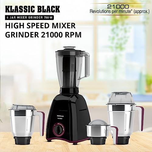 Havells Klassic 750 Watt 4 Jar Mixer Grinder, 21000 RPM Heavy Duty Universal Motor, 304 SS Blades, Large Size Break Resistant JarLids With Twist & Lock Mechanism- Black