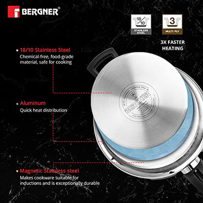 Bergner Argent Elements Triply 2.5 Litres Stainelss Steel Pressure Pan with Triple Safety System, Easy to Use & Hold Handles, Extra locking system