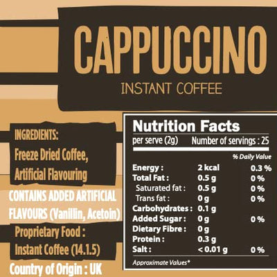 BEANIES Flavoured Instant Coffee Powder - Cappuccino Hot & Cold Coffee Makes 25 Cups 100% Arabica Light Roasted Coffee Sugar Free 50g. Bottle (Barista Cappuccino)