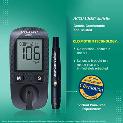 Accu-Chek Active Blood Glucose Glucometer Kit With Vial Of 10 Strips, 10 Lancets And A Lancing Device Free For Accurate Blood Sugar Testing