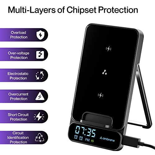Ambrane 15W Wireless Charging Stand with Digital Display & Alarm Setting for iPhone 14/13/12 Series, Galaxy S23/S22/S21/S20/Note20 Series, Airpods & Other Qi Devices (Powerpod Pro, Black)