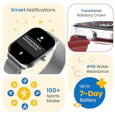 Ambrane 2.01" AMOLED Display, Bluetooth Calling SmartWatch, 1000 NITS Brightness, Functional Crown, 60Hz Refresh Rate, 100+ Sports Mode with IP68, Sp02 Tracking, 100+ Watch Faces (Glaze+, Black)