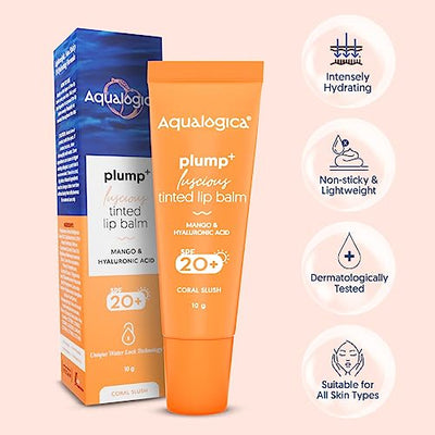 Aqualogica Coral Slush Plump+ Luscious Lightweight Tinted Lip Balm with Spf 20+ for Women and Men - Lip Mask with Mango & Hyaluronic Acid for Intense Hydration | for Dry & Dehydrates Lips -10g