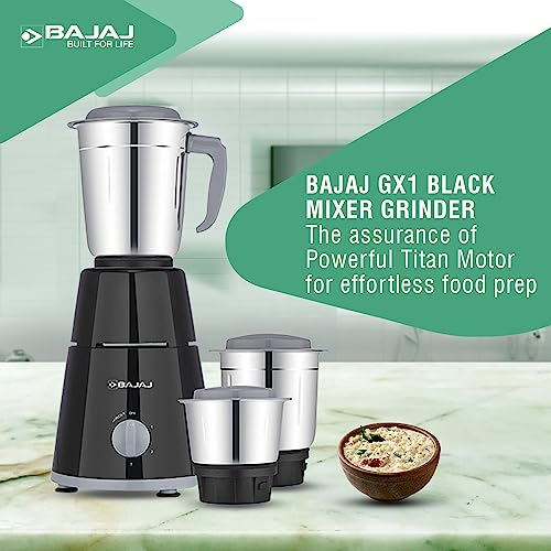 Bajaj Gx 1 Mixer Grinder,500W Titan Motor,3 Jars,2 In 1 Function Blade, Black (Indian Plug)