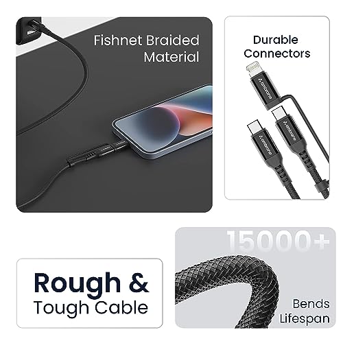 Ambrane 2-in-1 Type-C & Lightning Cable with 60W Fast Charging, PD Technology, 480Mbps Data Sync, Braided Cable Compatible with All Type-C & iPhone, iPad, Macbook & Airpods, 1.2m (ACDCS-12, Black)