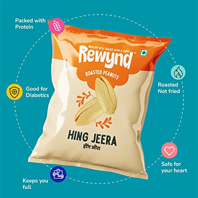 Rewynd Hing Jeera Roasted Peanuts | 560gm (Pack of 4) | High in Protien | Roasted Not Fried | Guilt-free Snacking | 100% Veg | Healthy & Tasty | Healthy Snack for Anytime Snacking