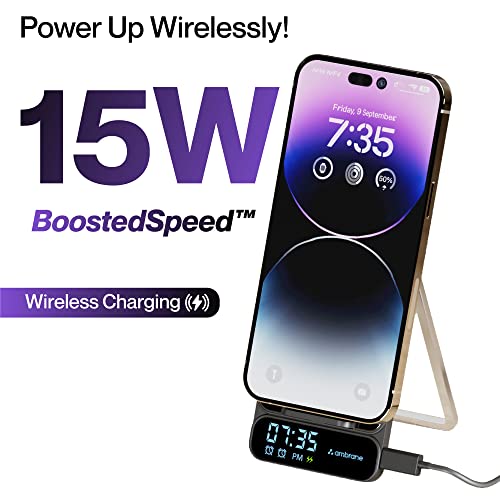 Ambrane 15W Wireless Charging Stand with Digital Display & Alarm Setting for iPhone 14/13/12 Series, Galaxy S23/S22/S21/S20/Note20 Series, Airpods & Other Qi Devices (Powerpod Pro, Black)