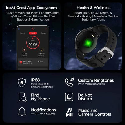 boAt Lunar Call Pro Smart Watch with 1.39 AMOLED Display, BT Calling,DIY Watch Face Studio, Coins, SensAI(Cricket Analysis),Apollo 3 Blue Plus Processor,Ambient Light Sensor(Charcoal Black)