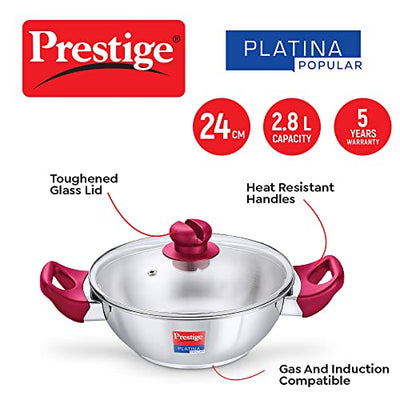 Prestige Stainless Steel Platina Popular Gas Compatible Fry Pan, 24 Cm (2.25 L) + Platina Popular Kadai with Glass Lid, 24 Cm (2.8 L) Kitchen Set