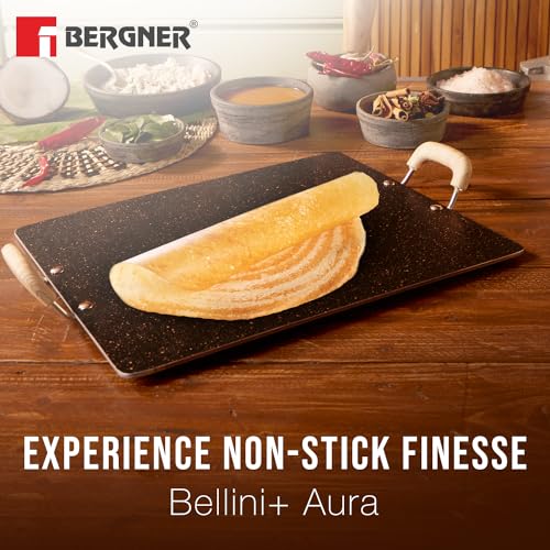 Bergner Bellini Plus Aura 5-Layer Non-Stick 30cm Pathri Tawa, Flat Rectangle Pathri Tawa with Soft Touch Wooden Finish Handle, PFOA Free, 4mm Thickness, Induction Bottom, Black