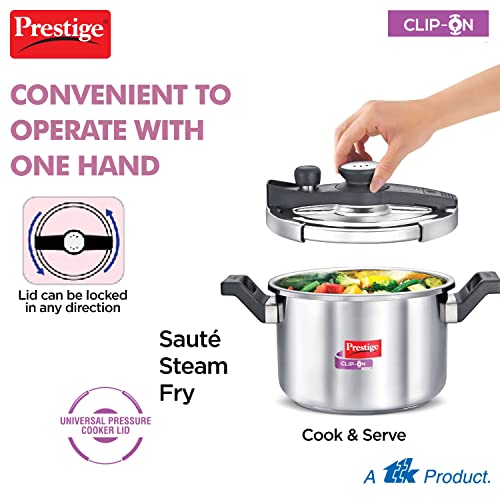 Prestige 5 Litres Svachh Clip-on Induction Base Outer Lid Stainless Steel Pressure cooker | Easy to Open lid | Deep Lid controls spillage | Silver | Pressure Indicator | Anti-bulge Base | Cool Touch Weight