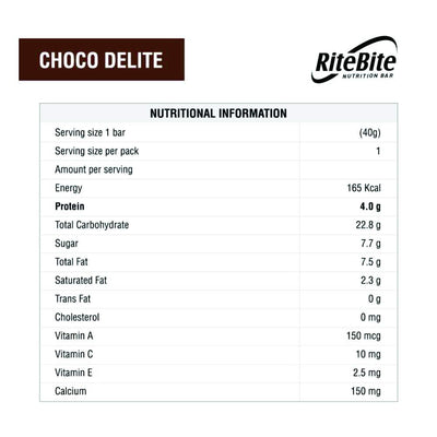 RiteBite Choco Delite Energy Snack Bar with Oats, Almonds & Dark Chocolate 480g - Pack of 12