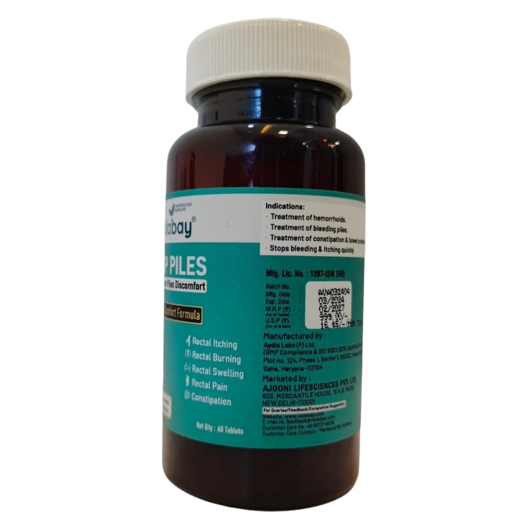Vedabay Piles Care Tablets, Comprehensive Solution for Hemorrhoids and Fissures, 60 Tablets