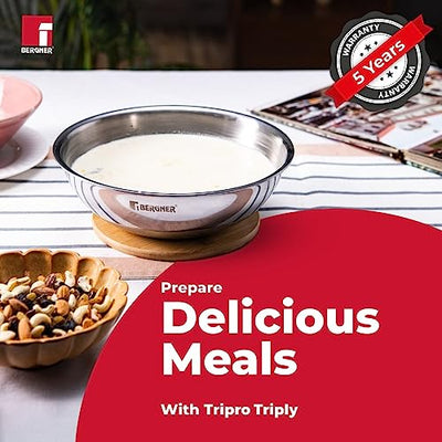 Bergner Tripro Triply Stainless Steel Cook and Serve Tasla/ Tasra Kadai / Handleless Wok with Lid, 20 cm, 2.1 Litres, Flared Rim, Heavy Bottom, Induction and Gas Ready, Silver