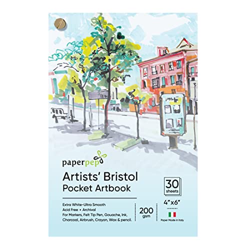 PaperPep Bristol Pocket Art Book 200GSM 4"X6" 30 Sheets for Solvent Based Markers, Felt Tip Pen, Gouache, Ink, Charcoal, Airbrush, Crayon, Pencil, Illustration, Design & Manga for Artists' & Amateurs…