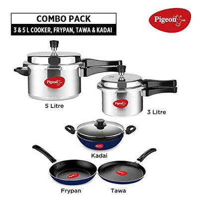 Pigeon by Stovekraft Aluminium Outer Lid Pressure Cooker Cooker 3 and 5 Litre with Kadai with Glass Lid Flat Tawa and Fry Pan Combo, Silver, Large (14466)